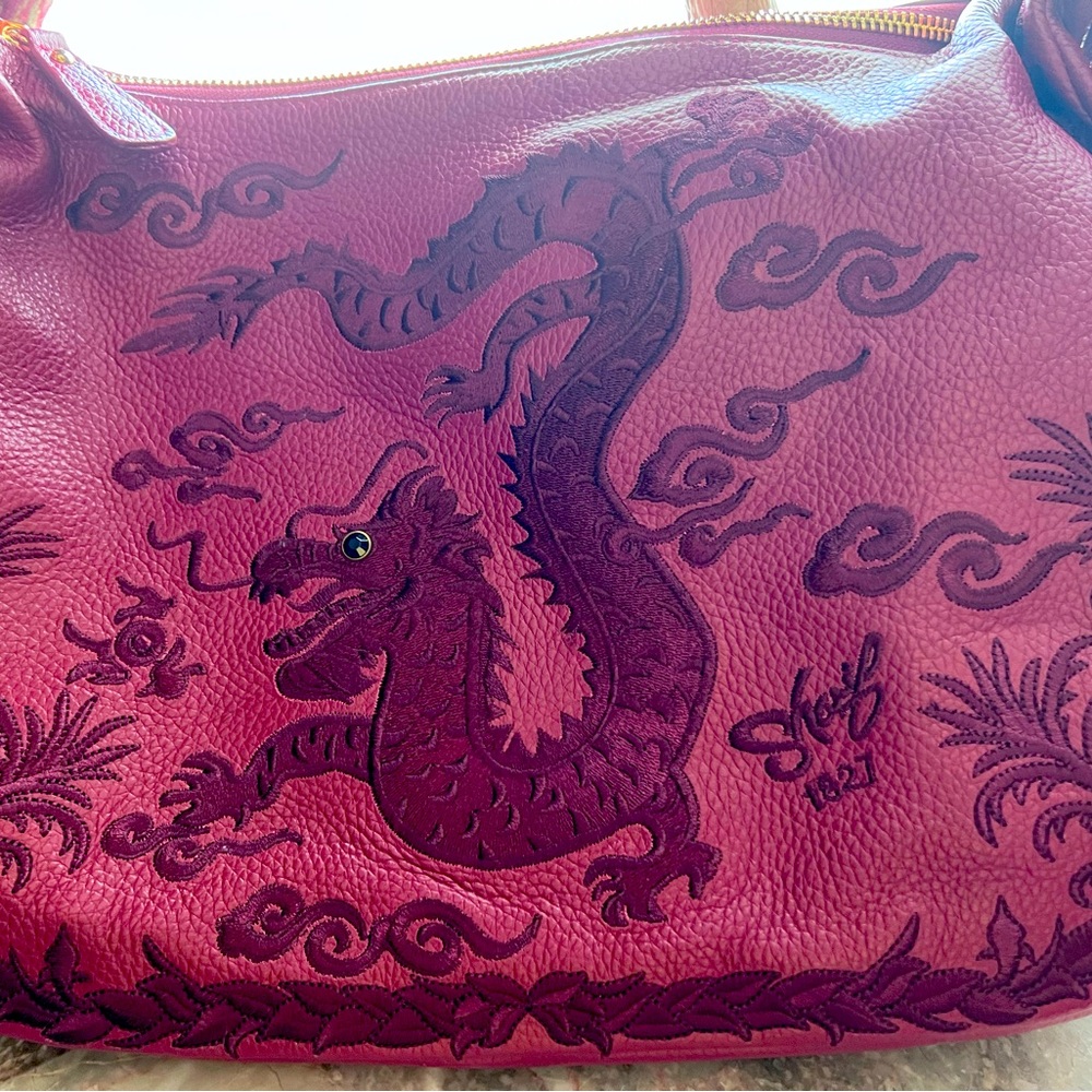 Stunningly gorgeous unused red soft leather embroidered dragon Sharif purse.